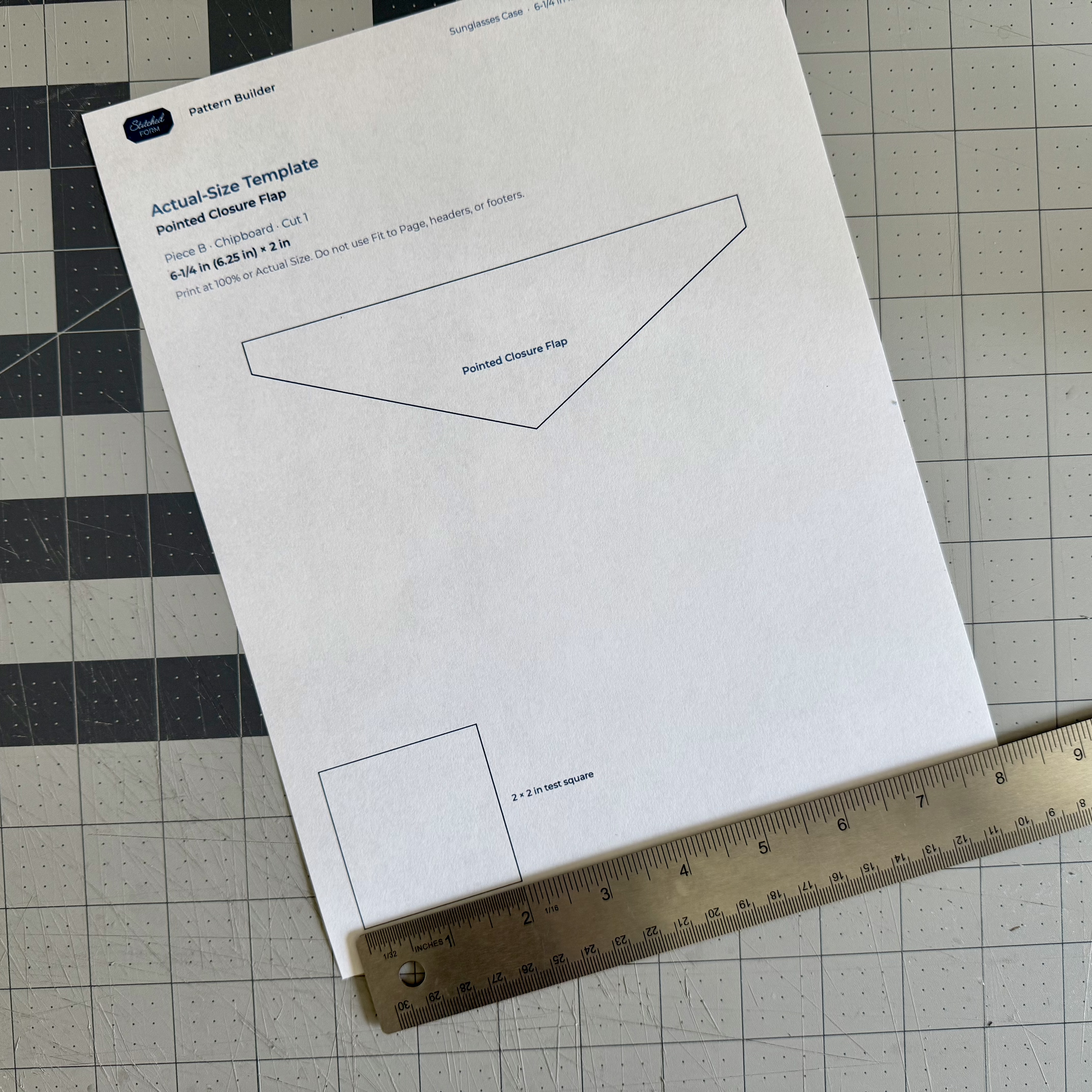 Printed irregular-shape pattern with a ruler checking the 2 by 2 inch test box