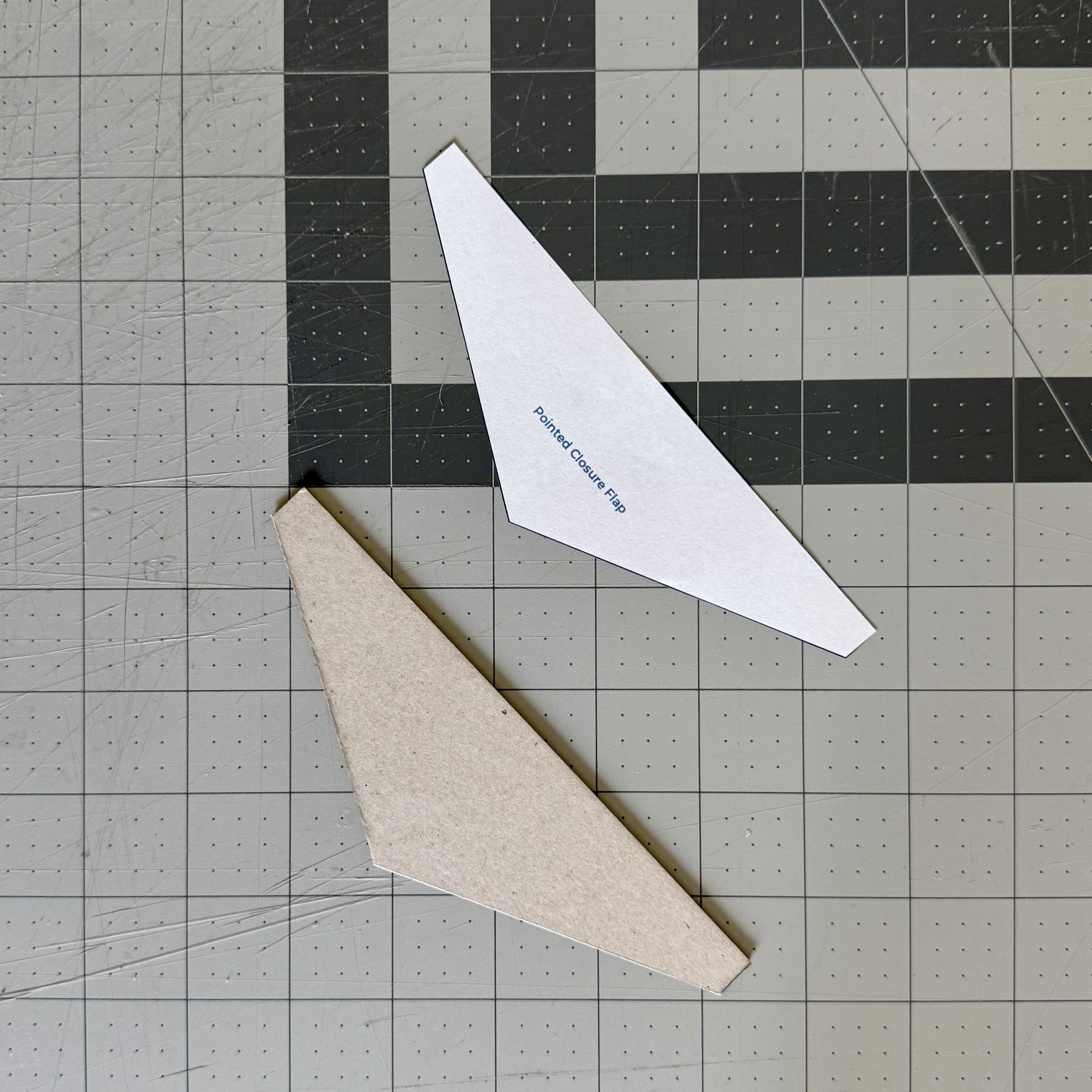 Irregular chipboard shape cut along the traced outline beside the paper pattern