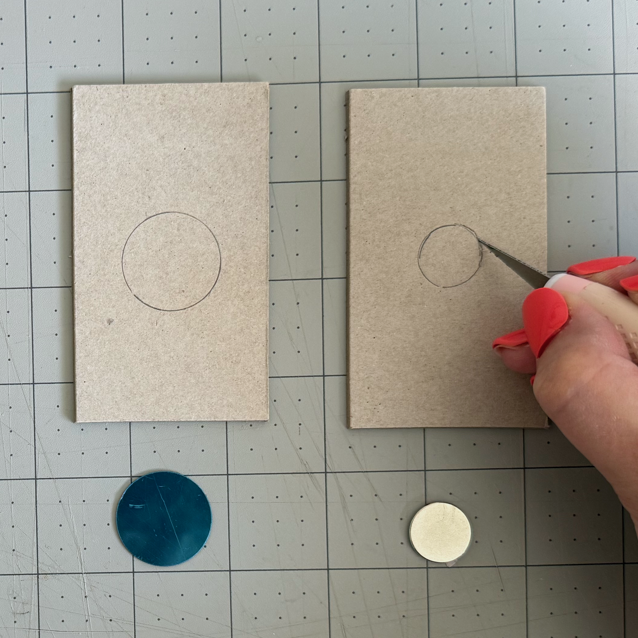 Cutting inside the traced hardware circles to begin the recesses